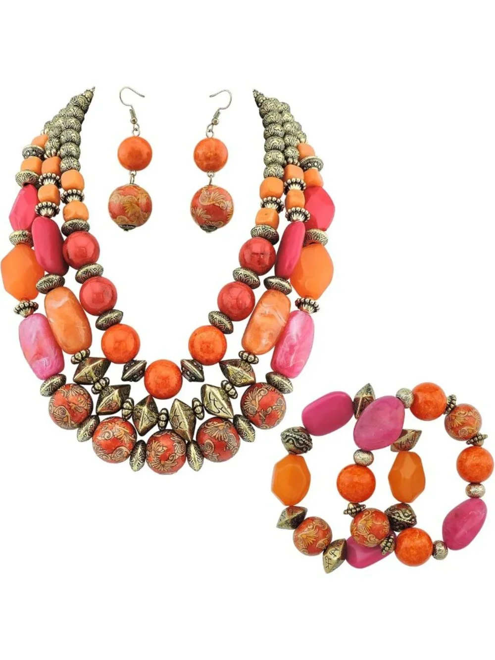 3 Layer Chunky Beaded Statement Jewelry Set - Necklace, Earrings & Bracelet